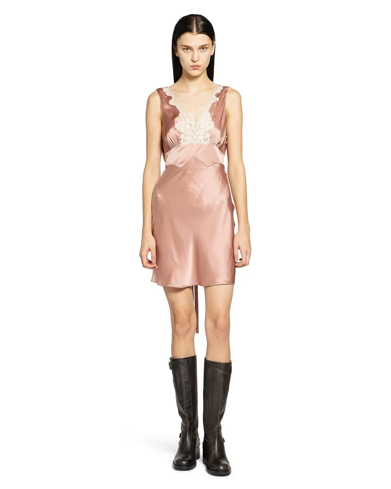 Chloé Sleeveless Mini Dress in Washed Silk Satin and Lace Pink