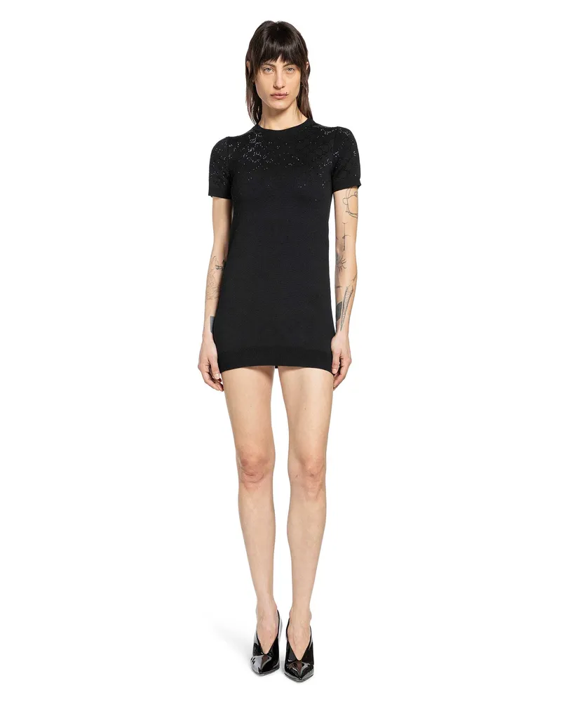 Gucci Fine Wool Mini Dress With GG Crystals Black