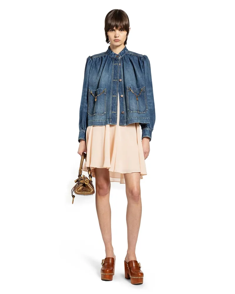 Chloé High Neck Gathered Denim Jacket Blue