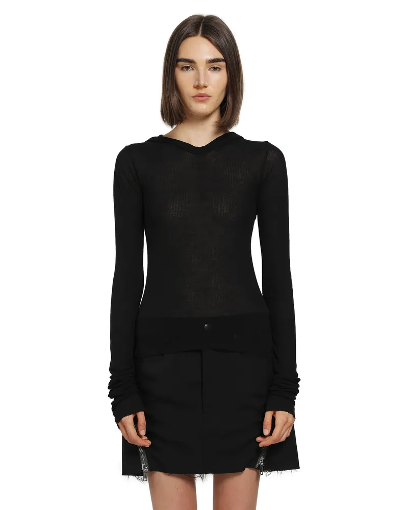 Rick Owens Cropped Hooded Rib LS T Black