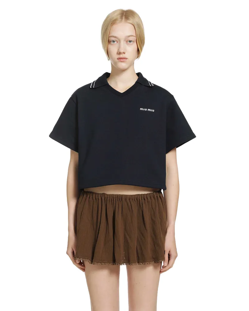 Miu Miu Cropped Cotton Fleece Polo Shirt Blue