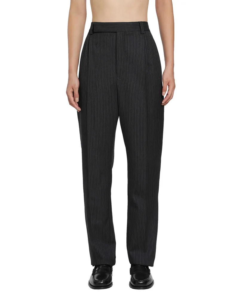 Saint Laurent Striped Herringbone Wool Tapered Trousers Grey
