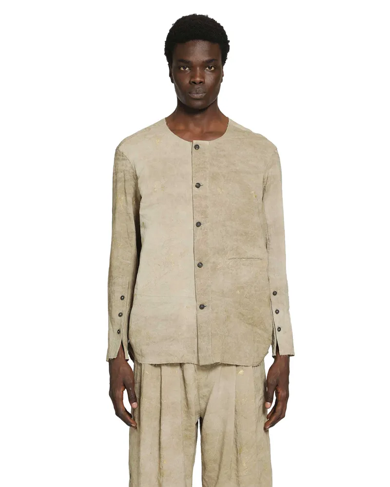 Ziggy Chen Collarless Patchwork Shirt Beige