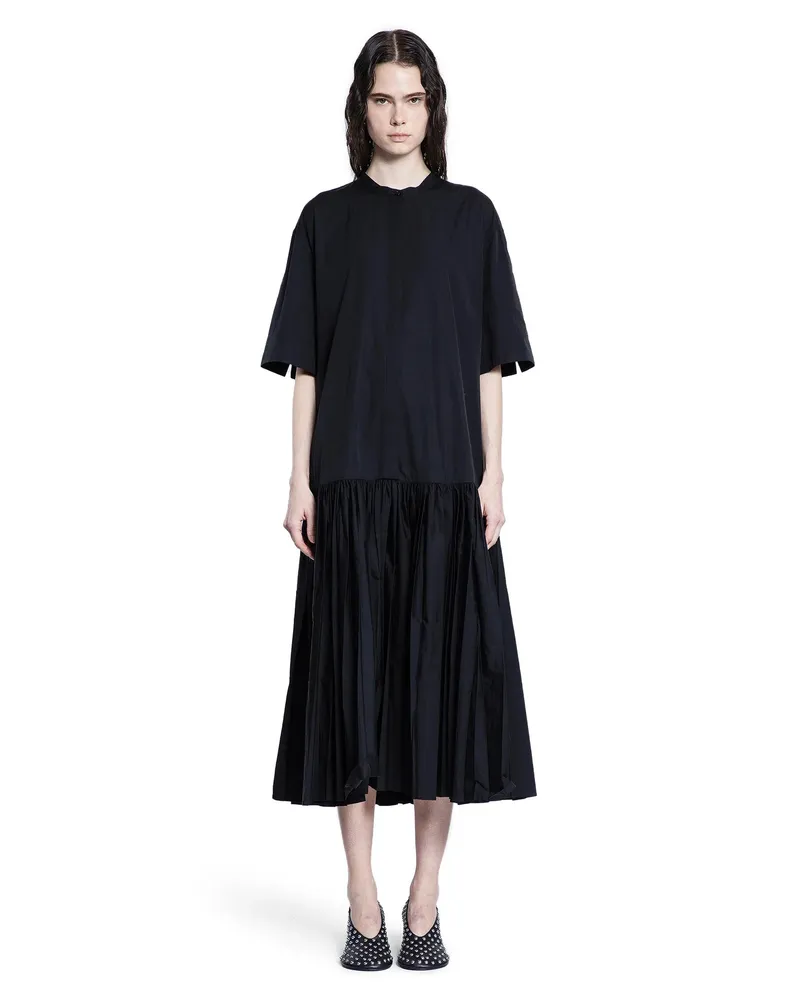 Jil Sander Cotton Poplin Pleated Shirt Dress Black