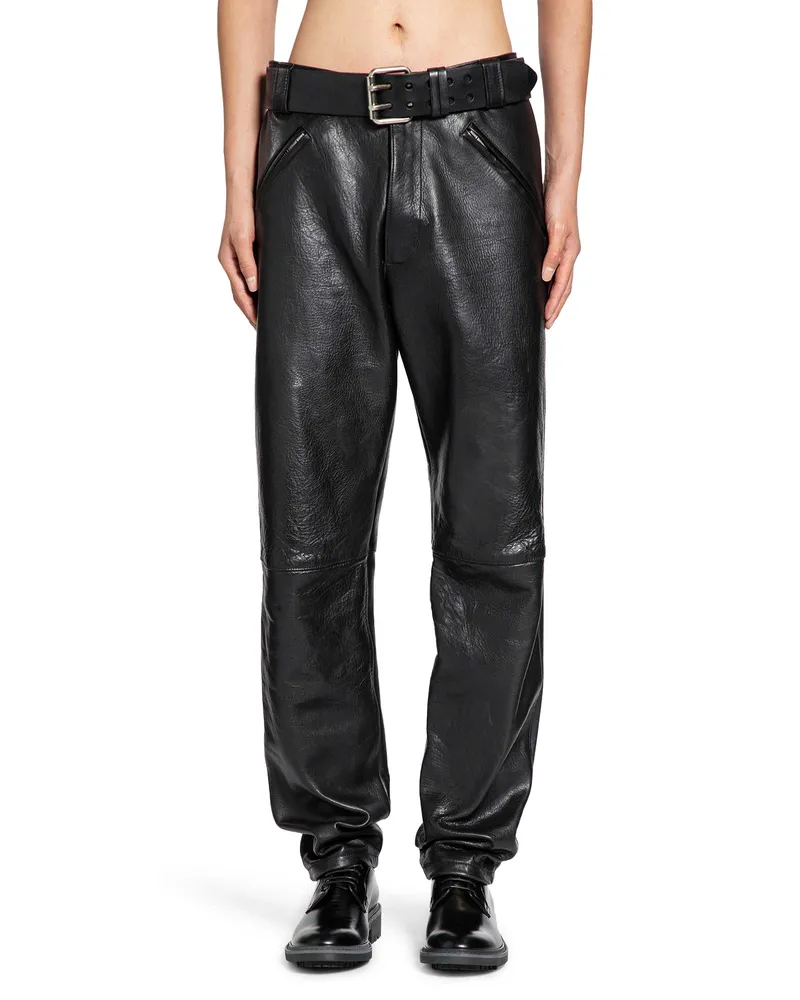 Saint Laurent Belted Pants in Grained Leather Black