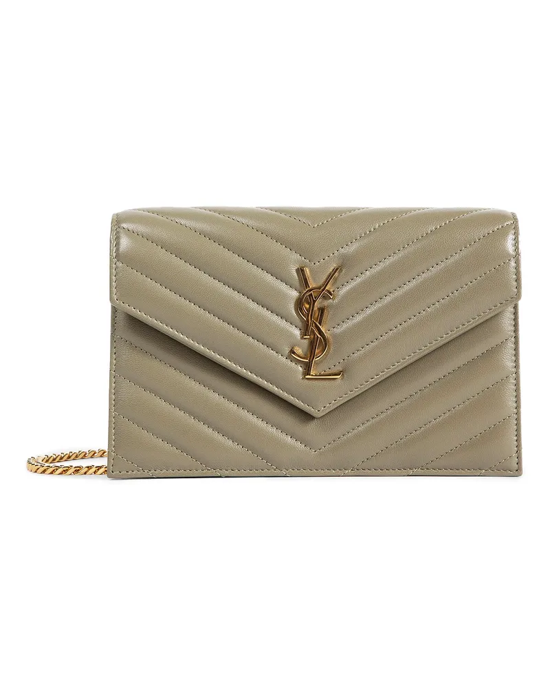 Saint Laurent Cassandre Envelope Chain Wallet in Leather Beige
