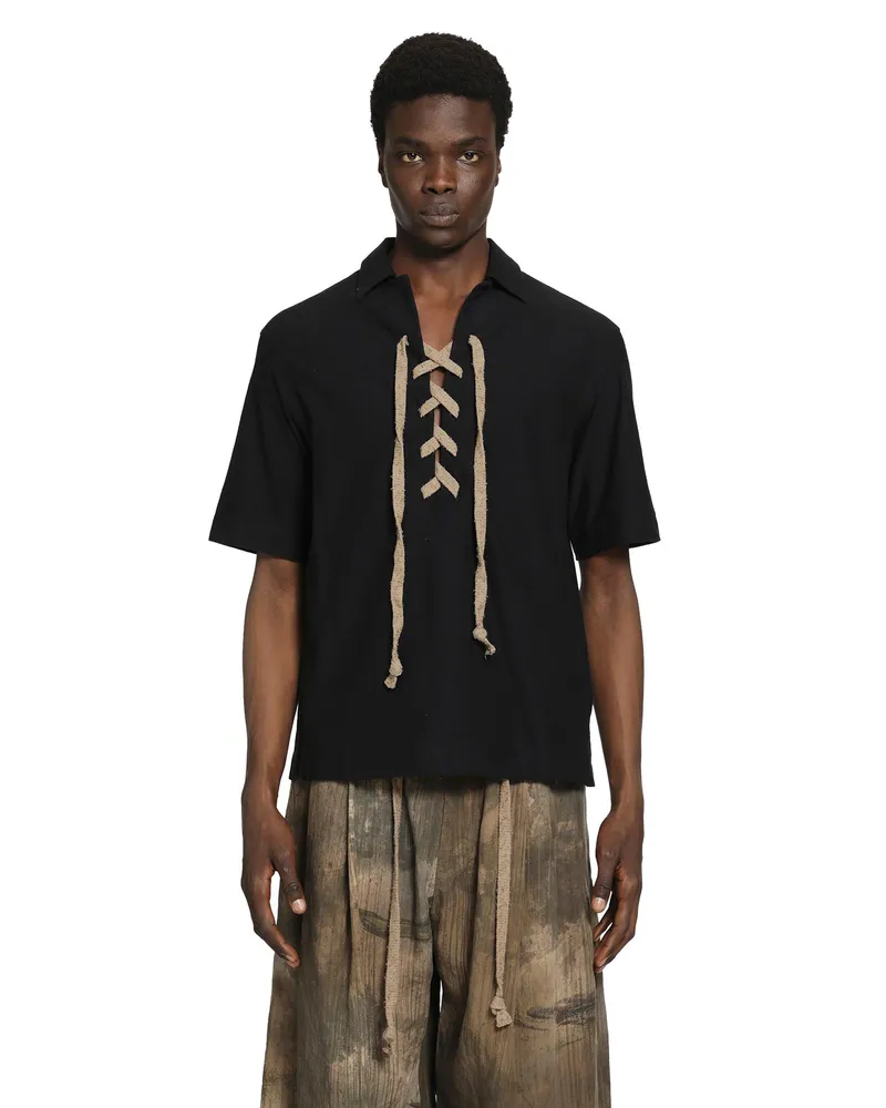 Ziggy Chen String Fastened Rugby Polo Shirt Black