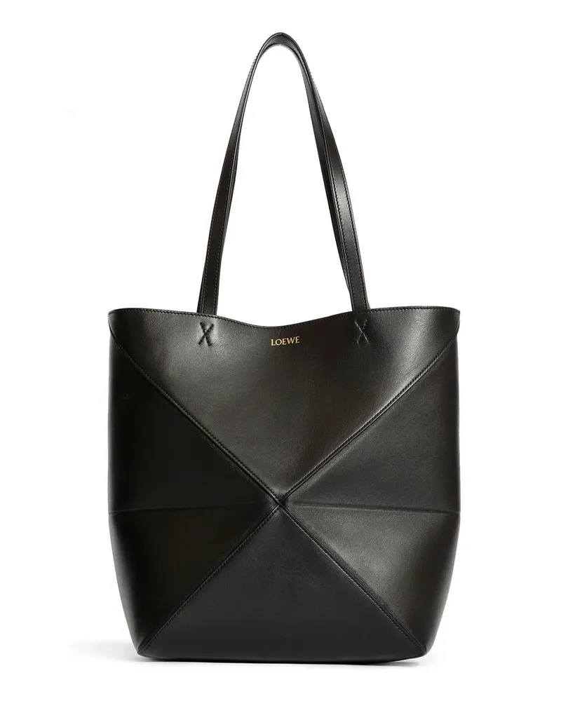 Loewe Medium Puzzle Fold Tote In Shiny Calfskin Black