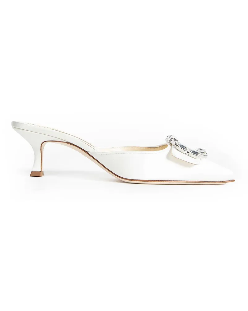 Manolo Blahnik Mayjou Satin Crystal Buckle Mules White