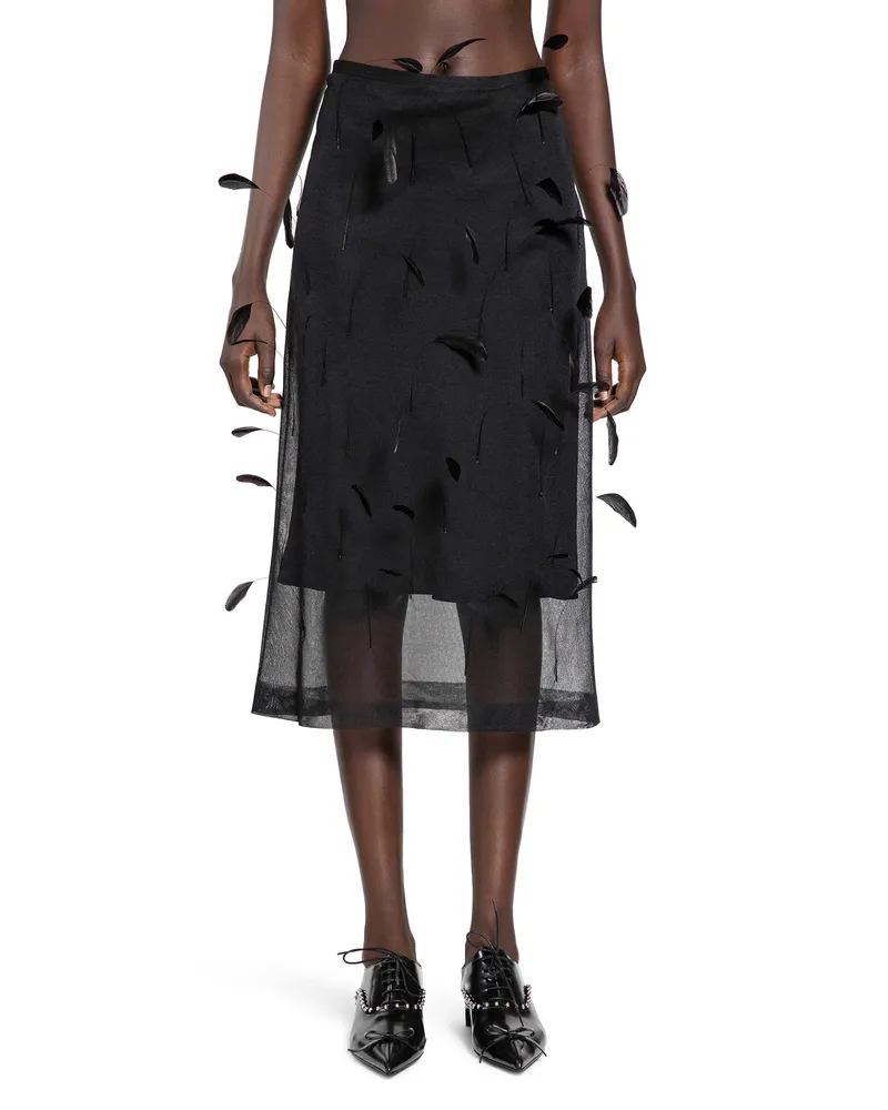 Jil Sander Superfine Silk Midi Skirt with Feathers Black