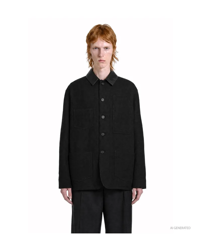 Comme des Garçons Leather Collar Wool Chore Jacket Black