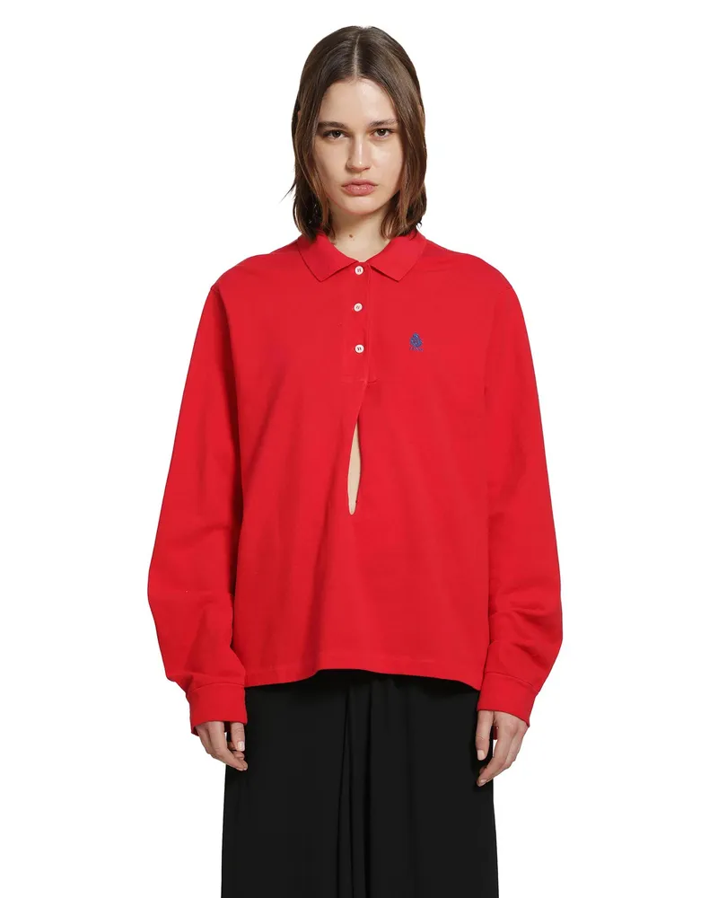 Prada Long Sleeve Cotton Piqué Polo Shirt Red