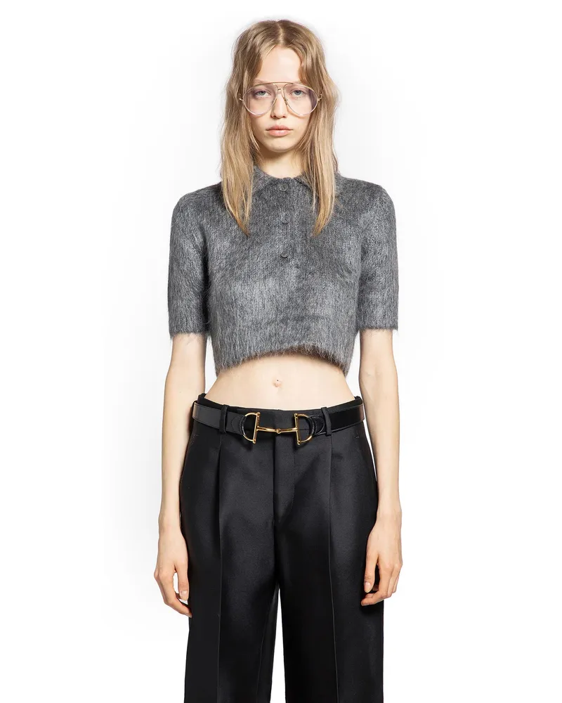 Gucci Brushed Mohair Cropped Polo Top Grey