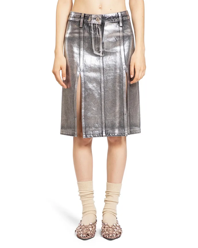 ATTICO Midi Skirt in Shiny Coated Denim Silver