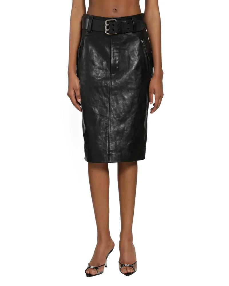 Saint Laurent Belted Pencil Skirt in Creased Leather Black
