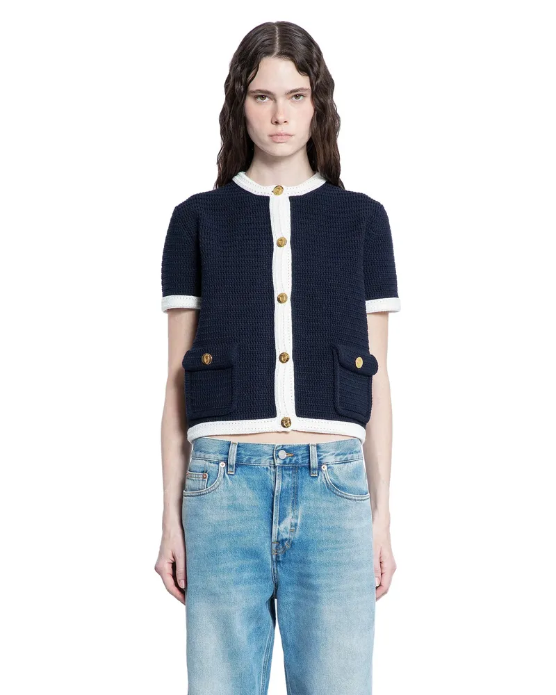 Gucci Crochet Knit Cropped Cardigan Blue