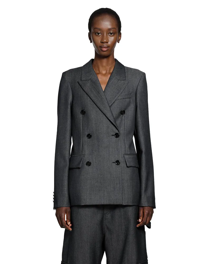 Balenciaga Wool Denim Twill Double-Breasted Blazer Grey