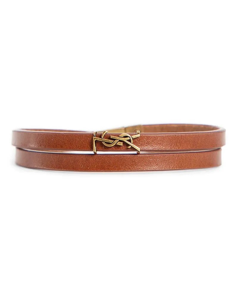 Saint Laurent Cassandre Double-Wrap Bracelet in Leather Brown