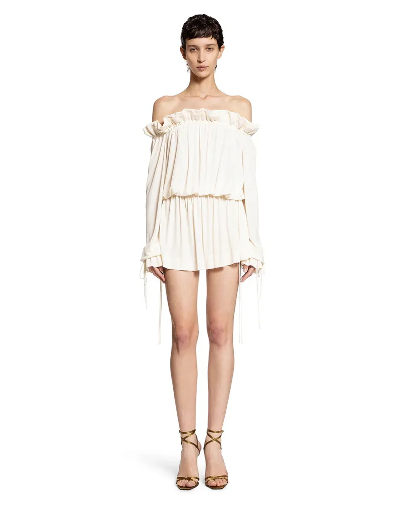 Saint Laurent Gathered Mini dress in Viscose Satin Crêpe Off-white