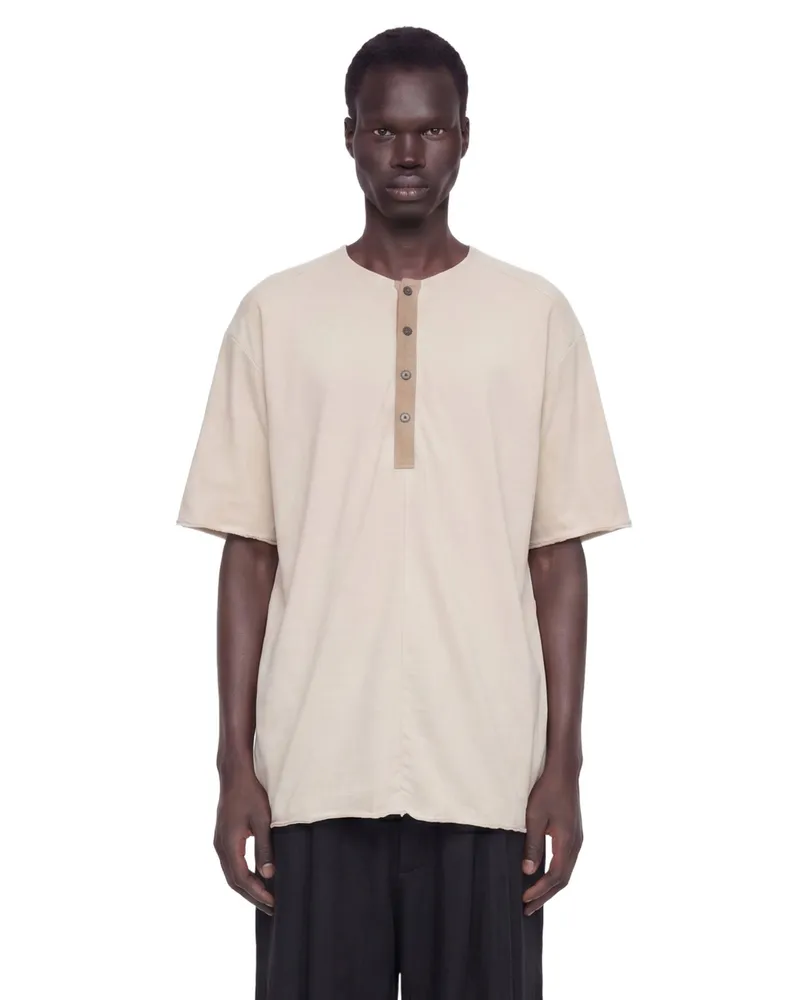 Ziggy Chen Henley Neck Gathered T-Shirt Beige