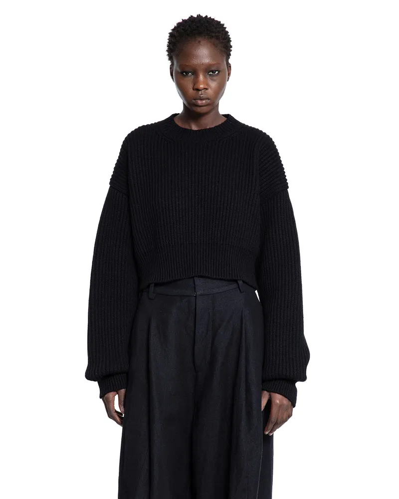 Uma Wang Cropped Ribbed Knit Sweater Black