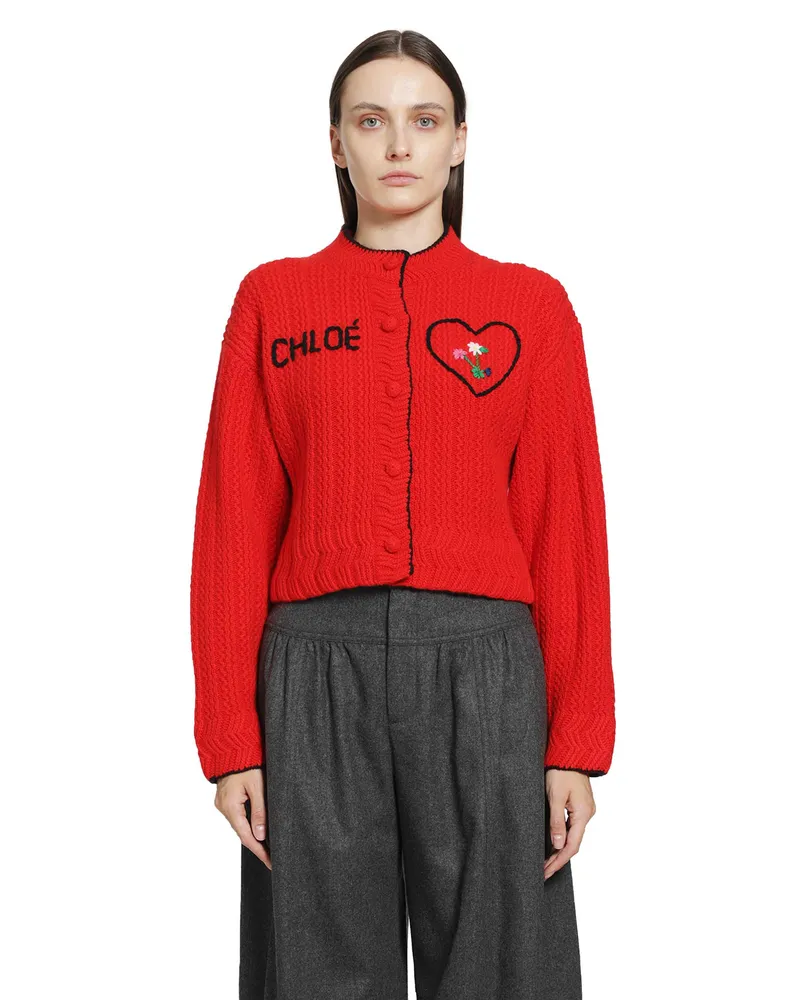 Chloé Heart Logo Wool-Cashmere Cardigan Red