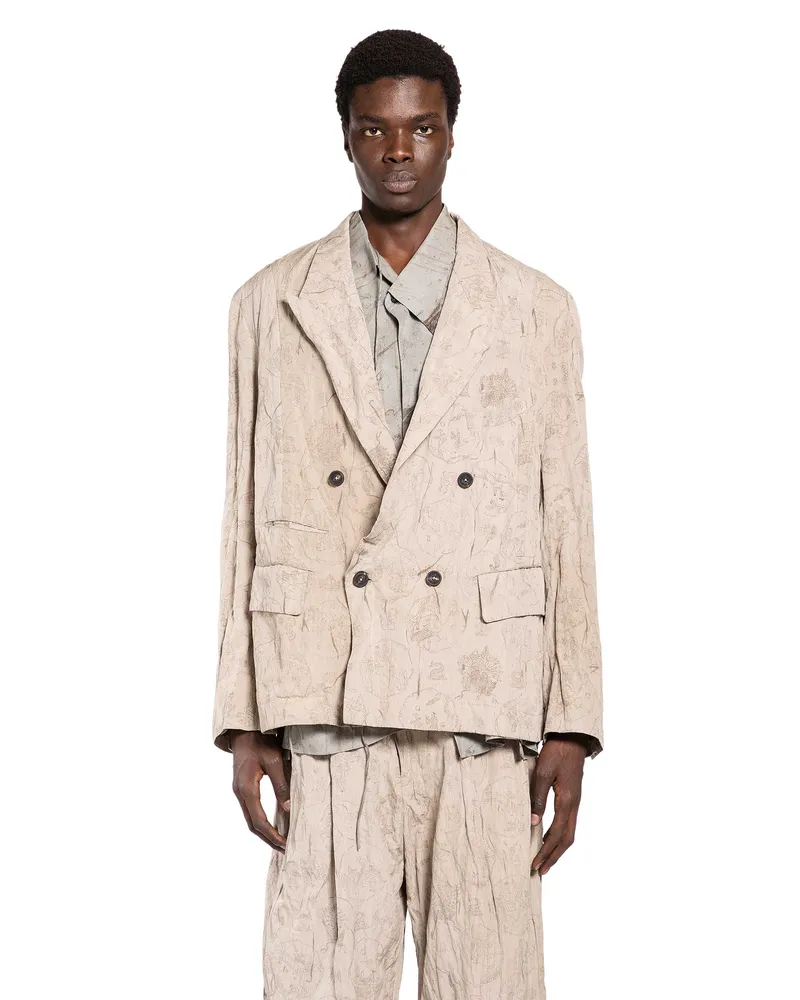 Ziggy Chen Digital Print Double-Breasted Blazer Beige
