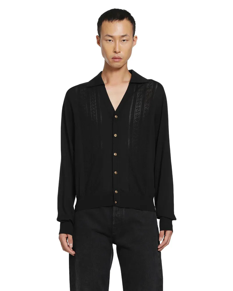 Versace Silk and Cotton Knit Polo Cardigan Black