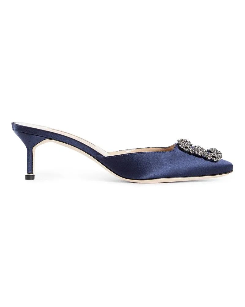 Manolo Blahnik Quali Satin Jewel Buckle Mules Blue