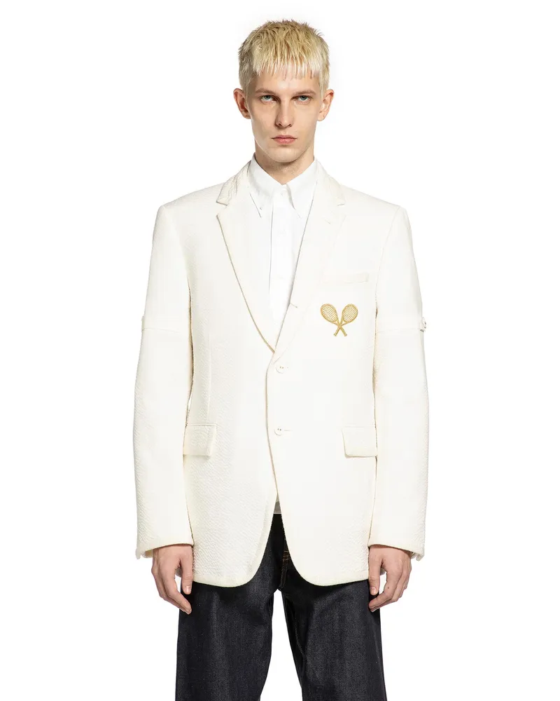 Thom Browne Wide Shoulder Blazer in Wool Seersucker White