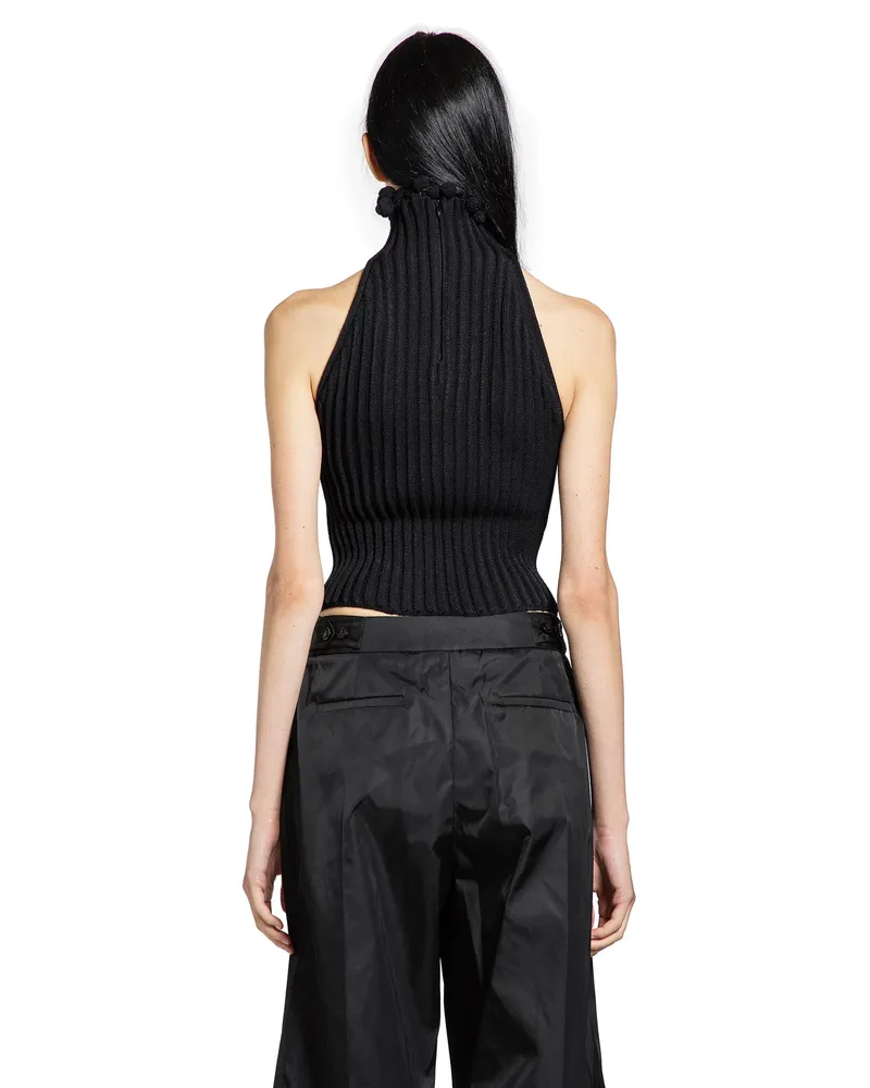 Alaïa Ribbed-Knit Halter Top with Wavy Finish Black