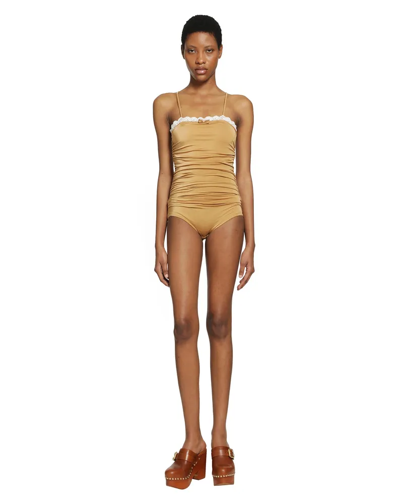 Chloé Stretch Nylon and Lace Bodysuit Brown