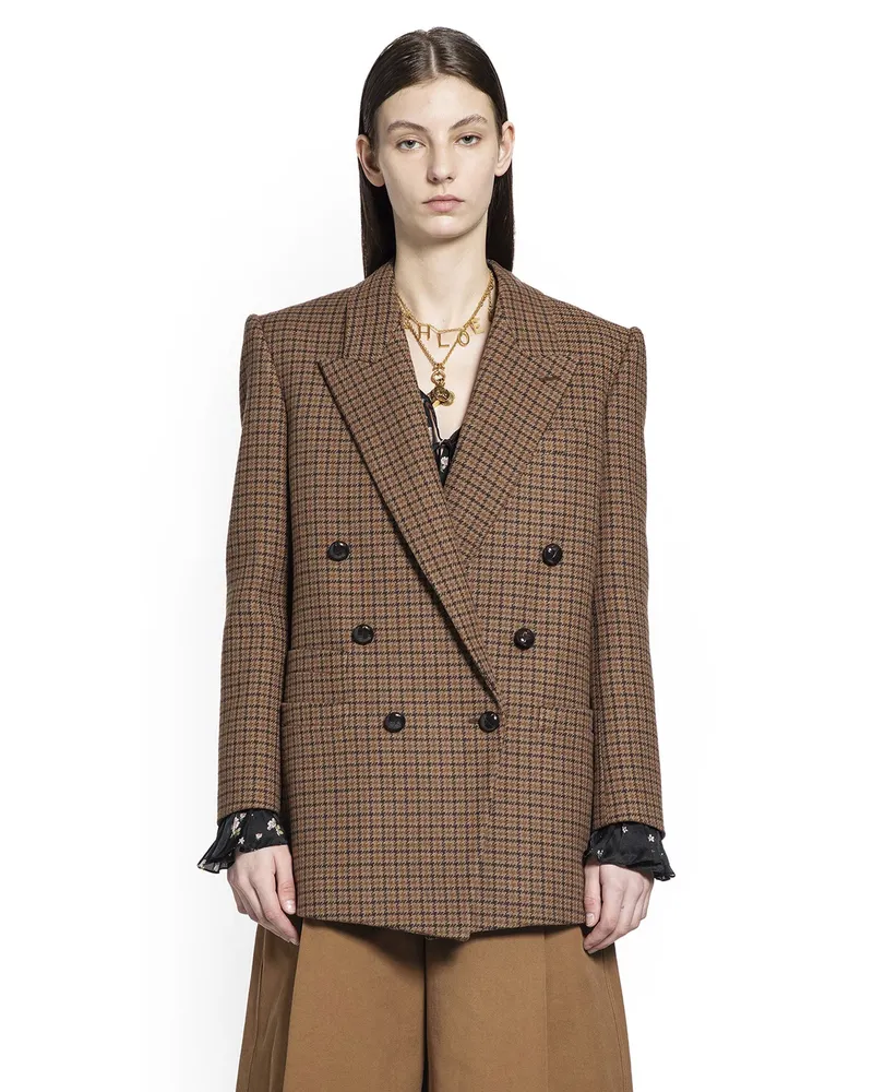 Chloé Houndstooth Wool Blazer Brown