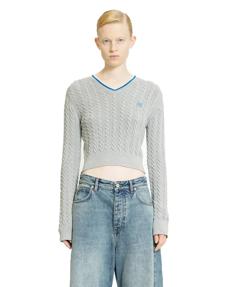 Loewe Cropped Cable Knit V-Neck Sweater Grey