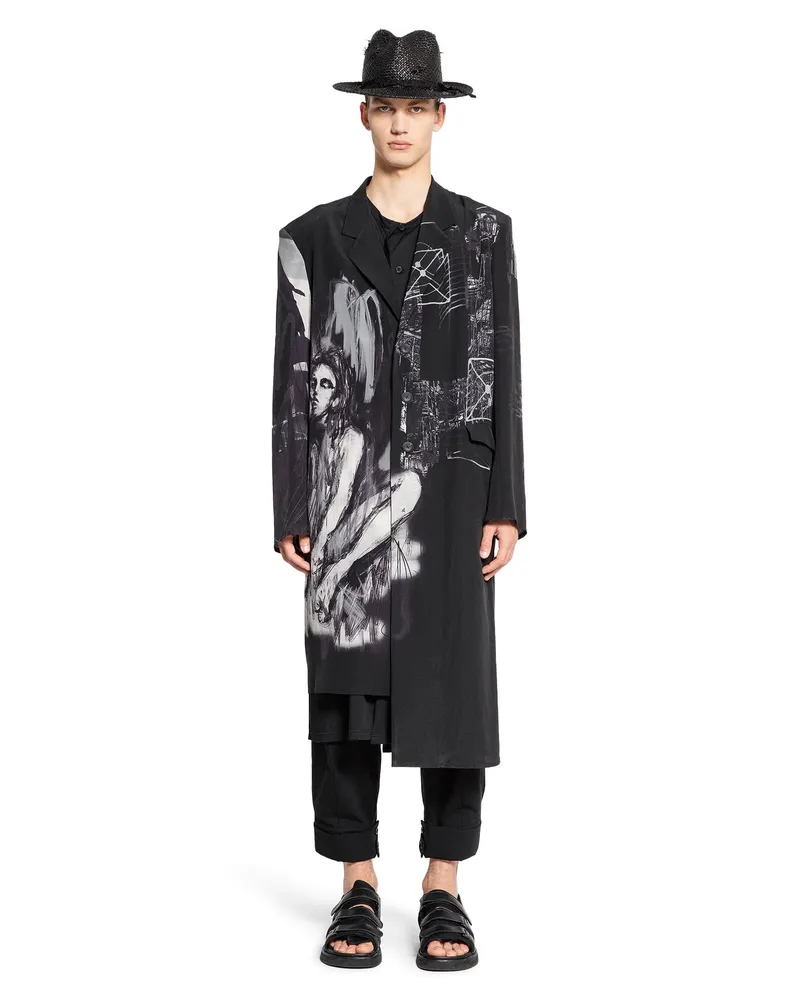 Yohji Yamamoto Portrait Print Asymmetric Coat Black&white