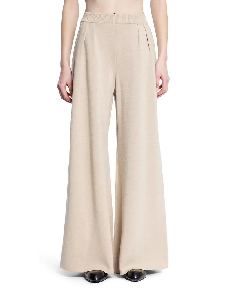 Max Mara Pantaloni a Gamba Larga in Maglia di Lana Beige
