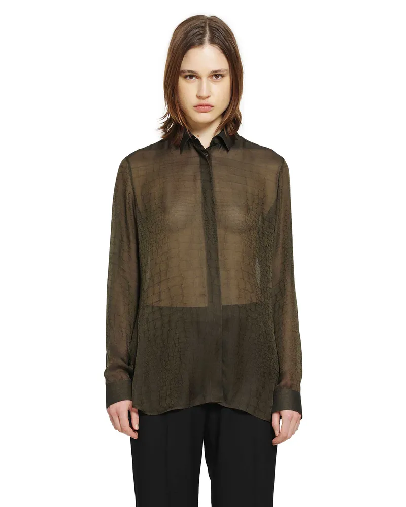 Tom Ford Croc-Print Shirt in Silk Chiffon Brown