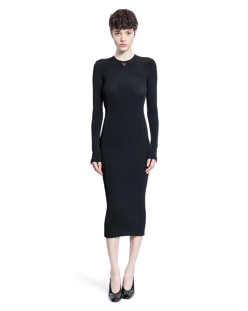 Prada Ribbed-Knit Jersey Dress Black