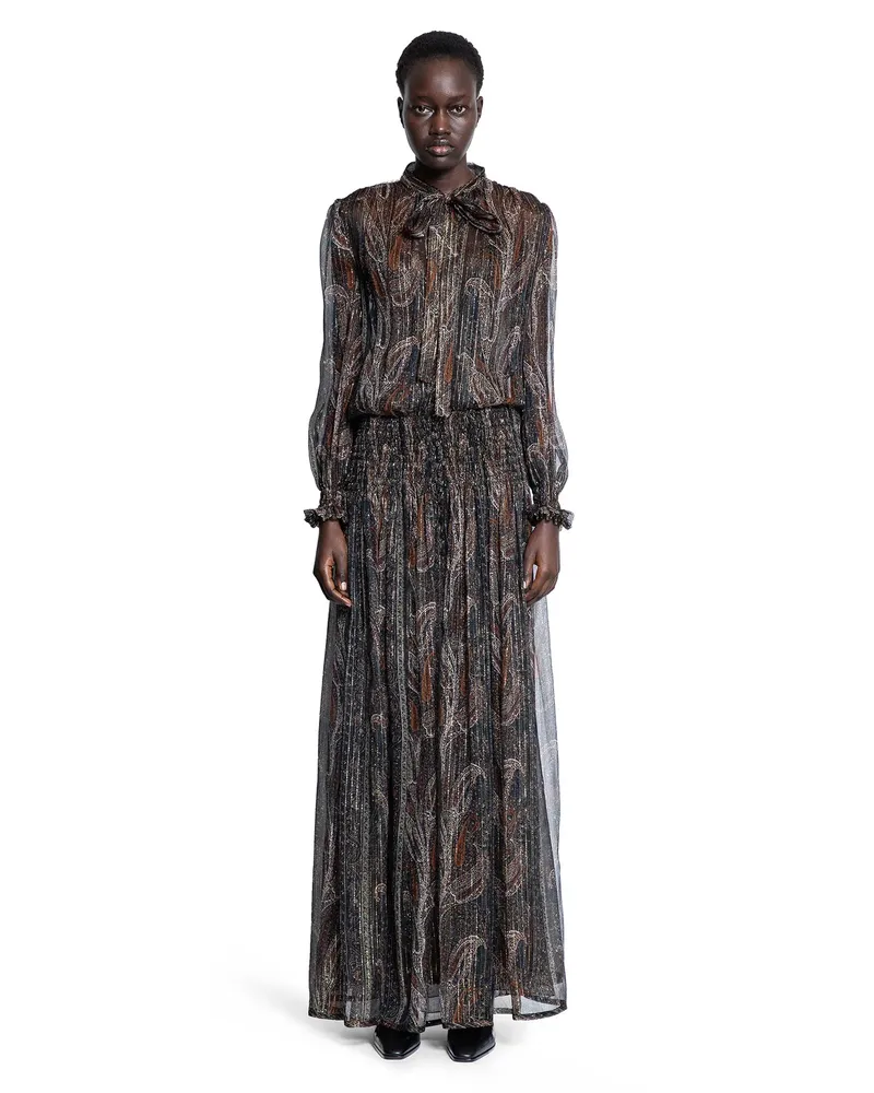 Saint Laurent Lavallière Long Dress in Paisley Silk Brown