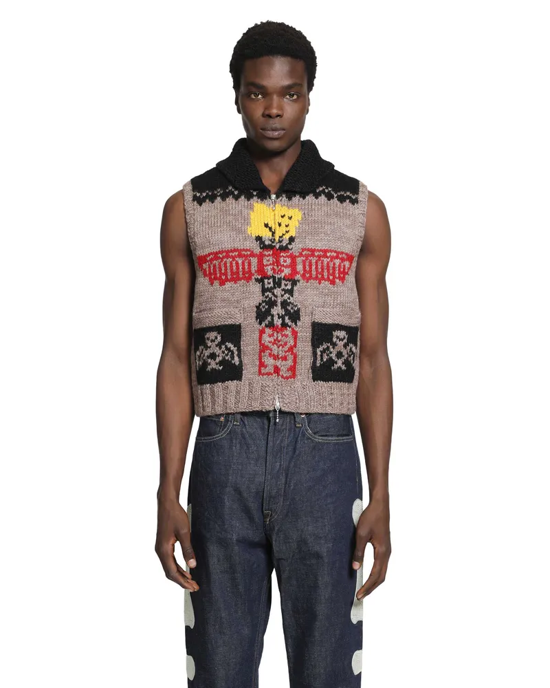 KAPITAL Hand Knit Peckish Totem Pole Vest Beige