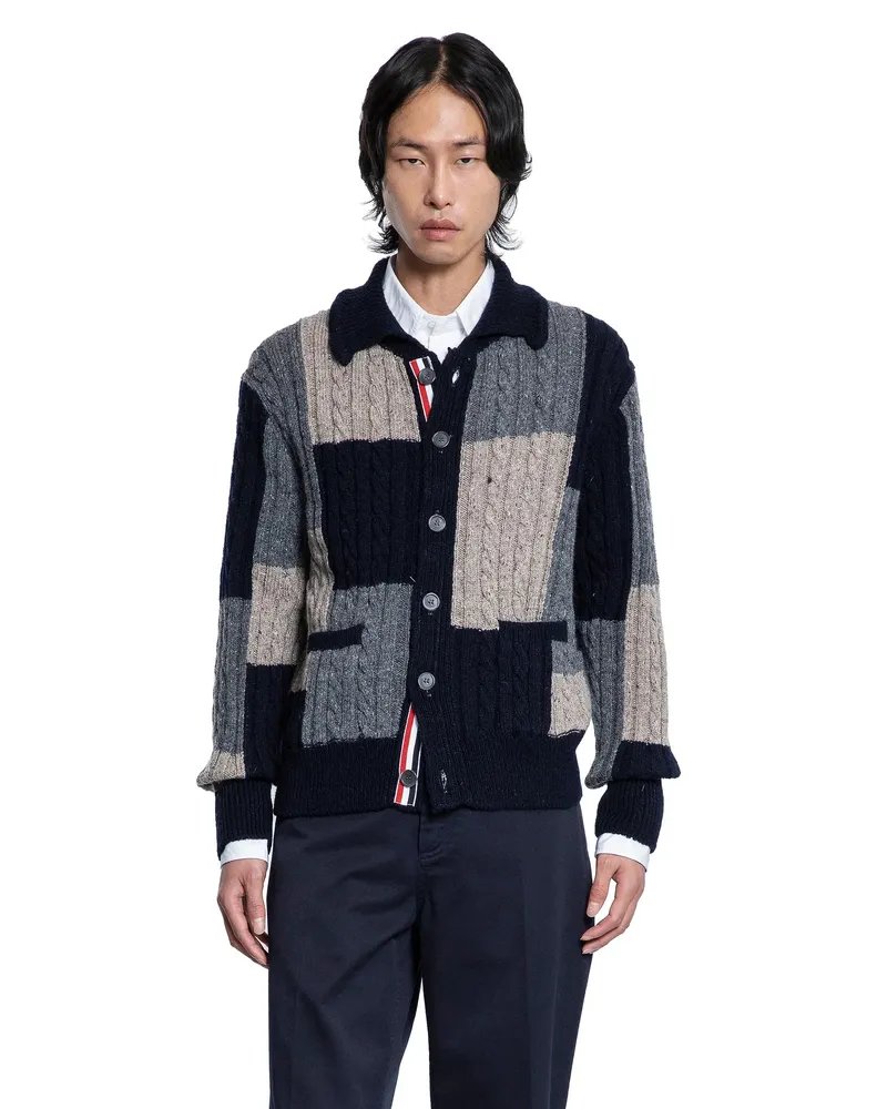 Thom Browne Patchwork Cable Knit Intarsia Cardigan Multicolor