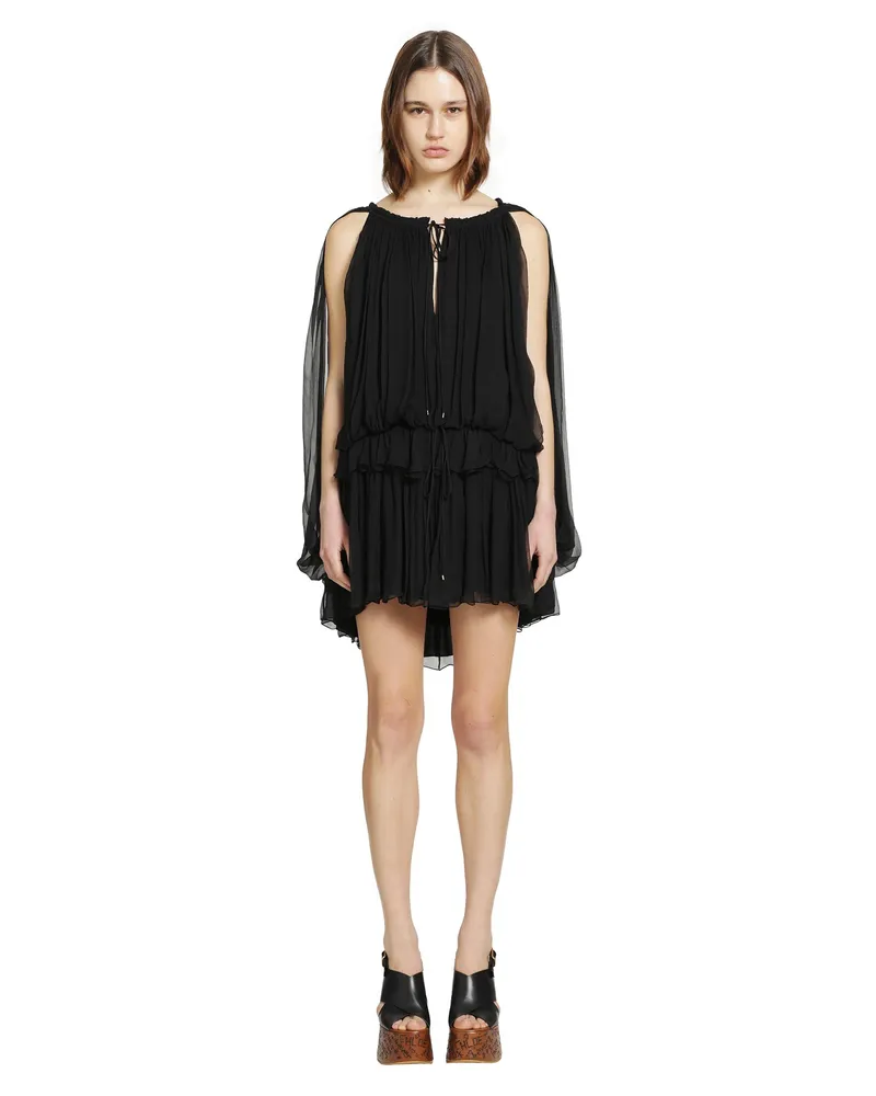 Chloé Silk Mousseline Mini Cape Dress Black