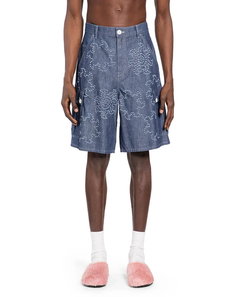 Marni Frayed Sun Motif Cargo Shorts Blue