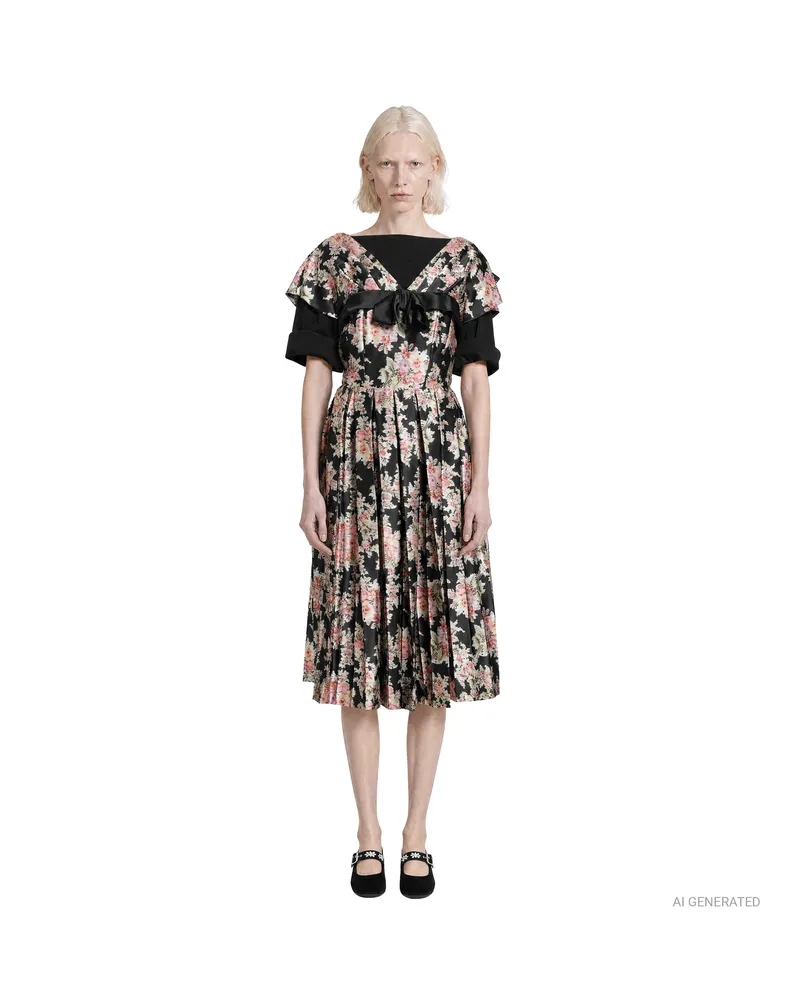 Simone Rocha Pleated Patchwork Wired Sleeve Flare Dress Multicolor