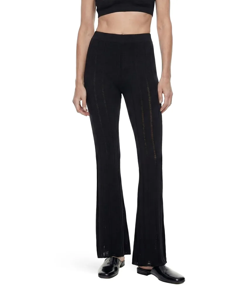 Laneus Ribbed Openwork Bootcut Leggings Black