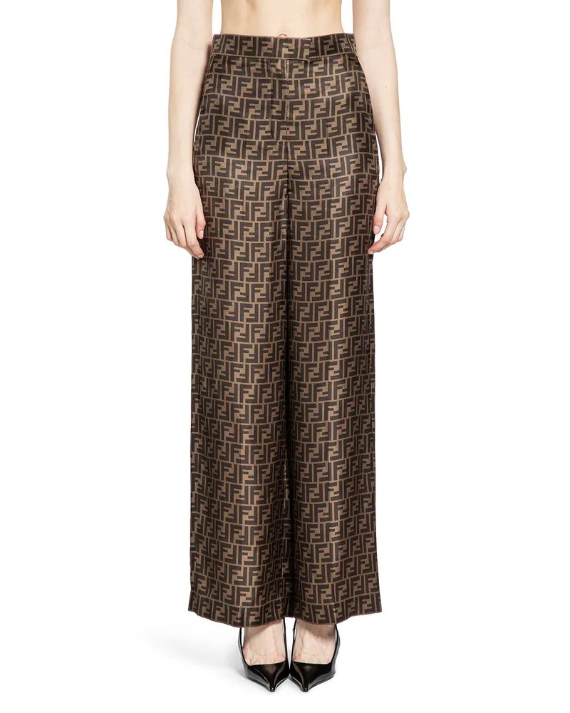 Fendi FF Silk Twill Wide Leg Pants Brown