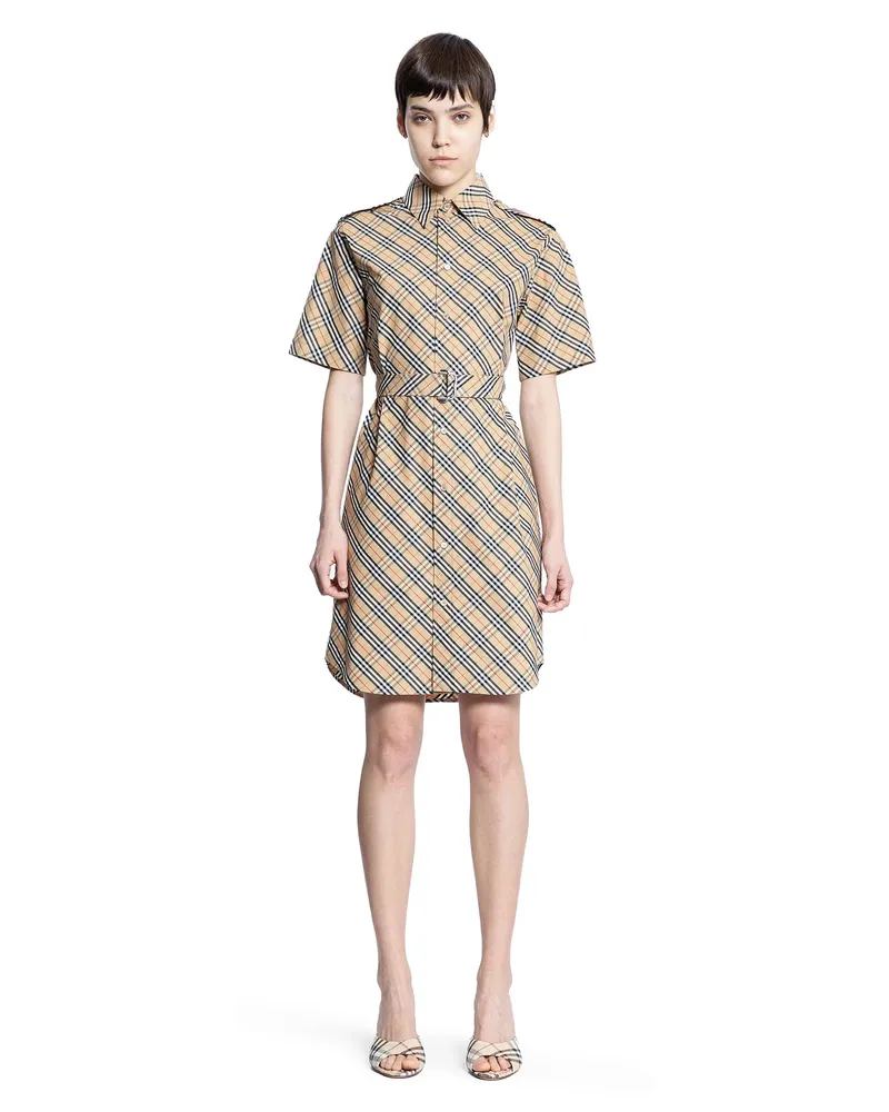 Burberry Vestito camicia in cotone a quadri Beige