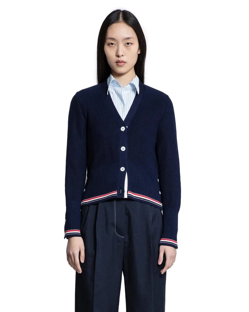 Thom Browne Cardigan a collo a V con cucitura a trama Blue