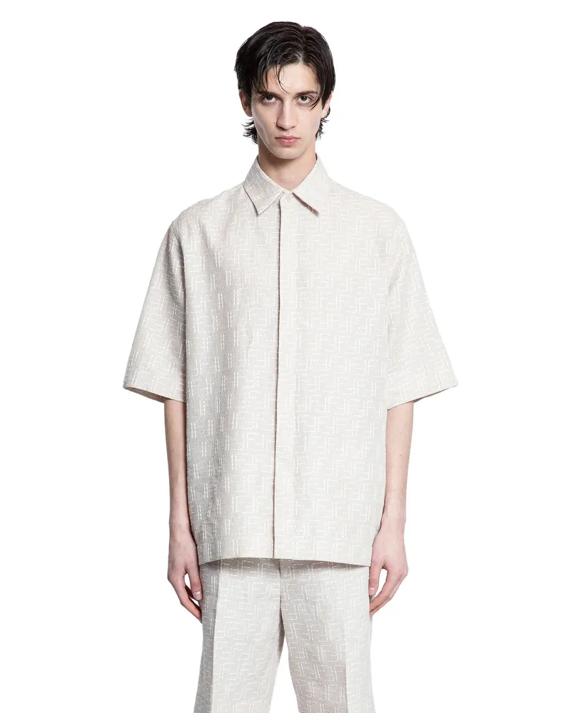 Fendi FF Linen Jacquard Short Sleeve Shirt Beige
