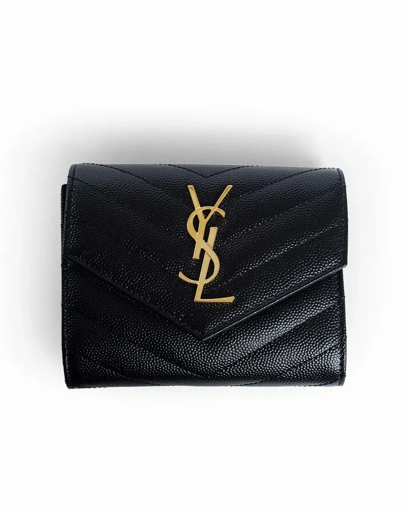 Saint Laurent Cassandre Matelassé Trifold Wallet in Grain De Poudre Embossed Leather Black